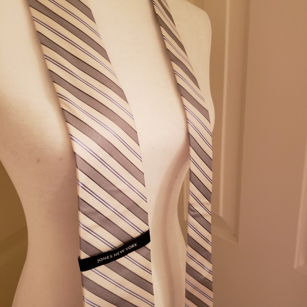 Jones New York Blue, White, and Silver Stripe Tie